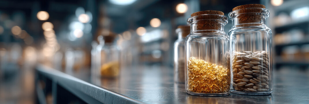Glass bottles on a counter comparing natural ingredients and processed compounds, representing herbal remedies against modern pharmaceuticals in a scientific or laboratory environment