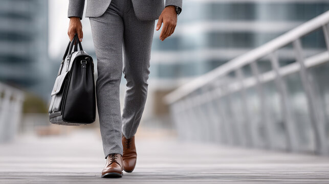 Businessman walking with confidence in a modern urban corporate environment, carrying a briefcase, symbolizing career success, ambition, and professional journey