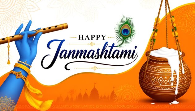 Celebrating happy Janmashtami festival of India with llustration of Lord Krishna playing bansuri (flute) and dahi handi competition with text in Hindi ...