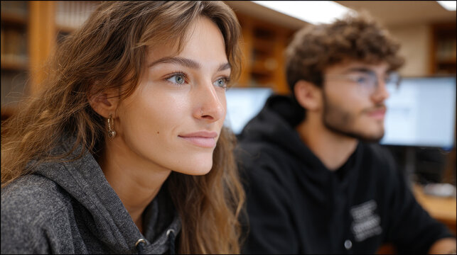 Young diverse college students collaborating on academic research using a laptop inside a modern university library, engaging in shared learning and group study