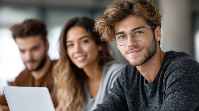 Young diverse college students collaborating on academic research using a laptop inside a modern university library, engaging in shared learning and group study