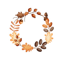 Autumn wreath, Illustration acorn, oak branch with leaf, berry. Template round hand drawn in children's style on isolated background for design postcards, holidays, clothes, dishes © Evgeniia