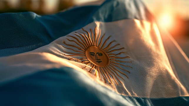 Elegant close-up of the Argentinian flag with the Sun of May illuminated by bright natural sunlight