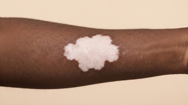Close up of vitiligo depigmentation white patch on African American dark skin arm