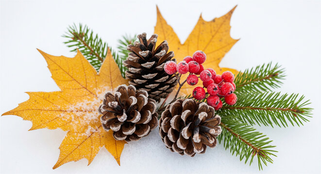 Festive winter arrangement of pine cones, fir branches, and autumn leaves dusted with snow