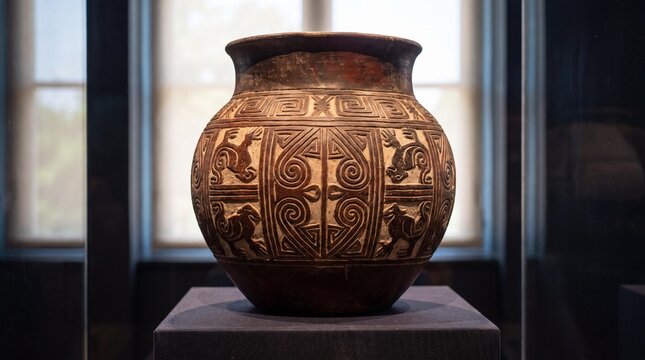 Ancient Earthenware Vessel: A meticulously crafted earthenware pot, adorned with intricate geometric patterns and stylized zoomorphic motifs.