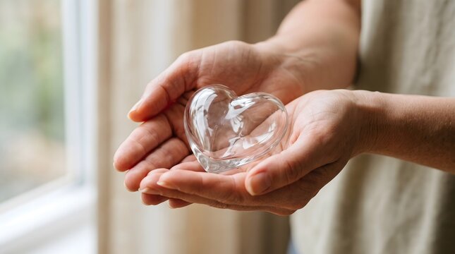 Hands holding a clear glass heart symbol of love and care