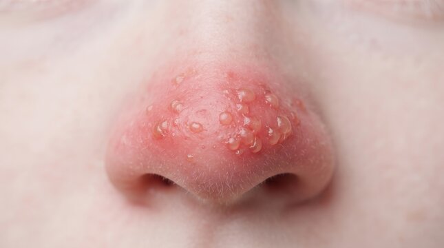 Macro close up of a painful cluster of fluid filled blisters on a human nose indicating herpes simplex virus