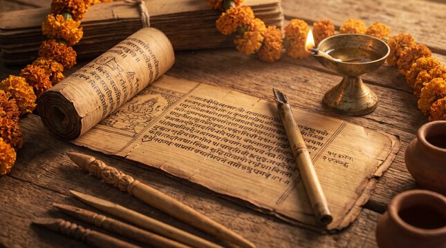 Ancient Indian palm leaf manuscript with traditional writing tools and marigold garland.