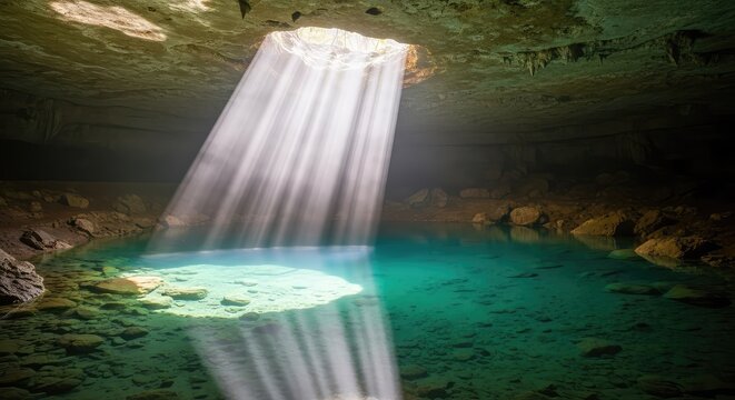 Hidden subterranean cave featuring a crystalline turquoise pool illuminated by radiant sunlight beams and mystical mist rising over water, illumination, cavern, blue