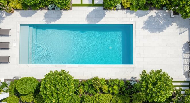 High angle aerial view of a luxury backyard featuring a crystal clear rectangular swimming pool surrounded by stone tiles and lush garden, summer, real, estate