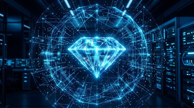 Abstract digital diamond icon glowing with blue light in a futuristic high tech data center environment