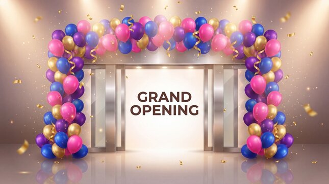 Grand opening entrance with colorful balloon arch, festive store launch with gold confetti, celebratory business event background