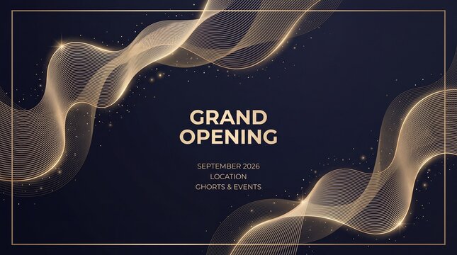 Elegant Grand Opening announcement, luxury gold wave background with sparkles, sophisticated event invitation template for business