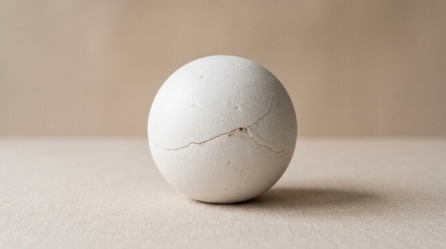 Close-up of a white egg with a clear crack, symbolizing fragility, delicate imperfection, and the anticipation of a new beginning or significant transformation