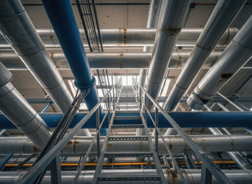 A bottom-up perspective on contemporary industrial metal pipes featuring a technical ladder