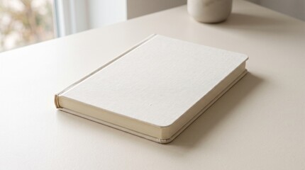 Fototapeta premium Minimalist aesthetic closed notebook mockup with a clean fabric cover on a light beige desk surface for creative writing or journaling