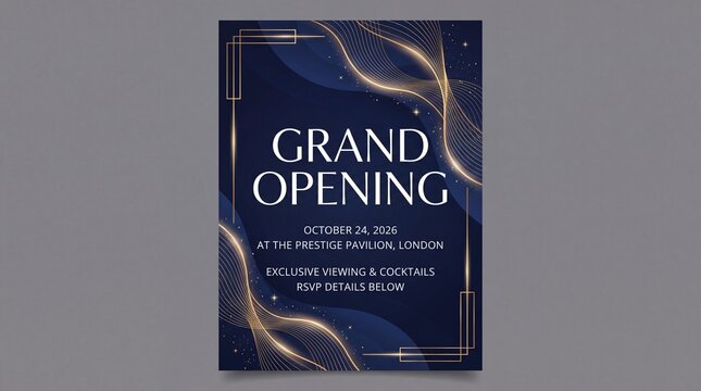 Elegant Grand Opening invitation flyer, luxury event poster with gold waves and navy blue background, sophisticated gala announcement