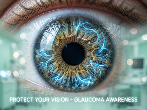 Human eye with blue digital diagnostic scanner grid for glaucoma awareness