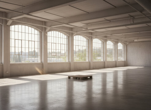 A vacant industrial warehouse with large, spotless windows, bathed in atmospheric light, all white