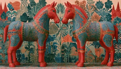 Fototapeta premium Two red dalecarlian horses stand facing each other against a floral