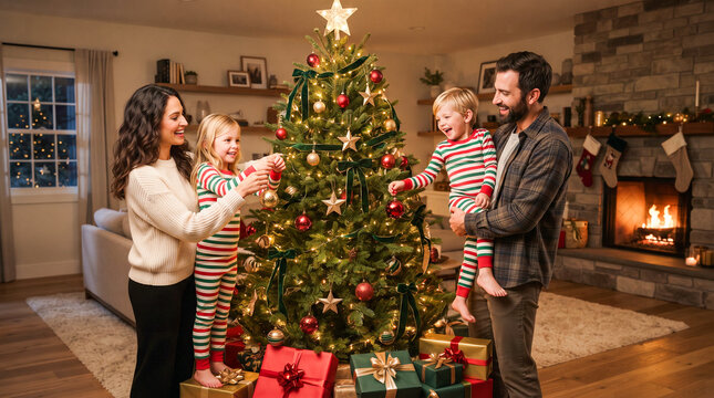 Familia feliz decorando el &aacute;rbol de Navidad en un acogedor sal&oacute;n, concepto de uni&oacute;n familiar, tradici&oacute;n, celebraci&oacute;n y ambiente navide&ntilde;o.