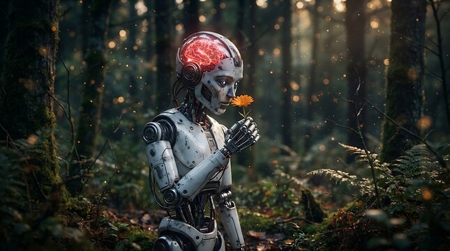 White humanoid robot with glowing red brain, holding a small yellow flower in a dark, misty forest with bokeh light particles
