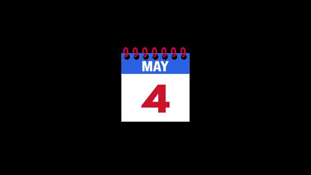 Daily Calendar Page Flip Animation from May 3 to May 4 with Page Turn Transition on Black Background. Day to day. date change concept
