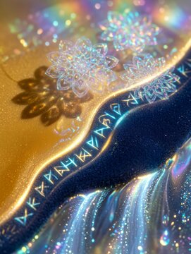 Astratto misticismo macro con mandala olografici e rune luminose
