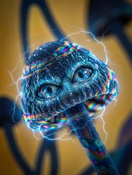 Fungo psichedelico surreale con occhi umani, texture iridescente ed energia elettrica