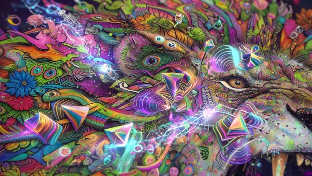 Ritratto astratto e psichedelico di un leone con colori neon e forme geometriche