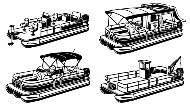 Collection of four detailed vector illustrations featuring different styles of pontoon boats and deck vessels for marine leisure