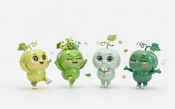 A group of four cute and cheerful 3D vegetable characters with expressive faces and green leafy sprout heads dancing together on a plain white background