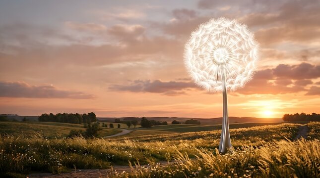 Giant glowing dandelion sculpture in sunset meadow landscape at golden hour