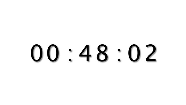 Digital clock display showing forty eight minutes and zero two seconds on white background.