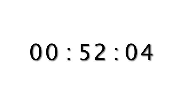Modern digital clock showing fifty two minutes and four seconds elapsed time measure.