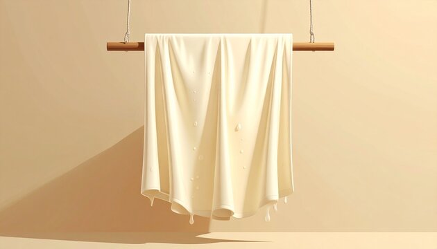 Beige Linen Towel Hanging on Wooden Rod Against Neutral Wall.