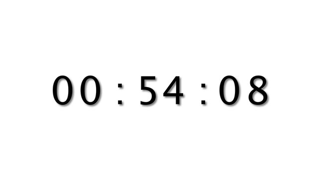 Electronic digital clock counter showing time of fifty four minutes and eight seconds now.