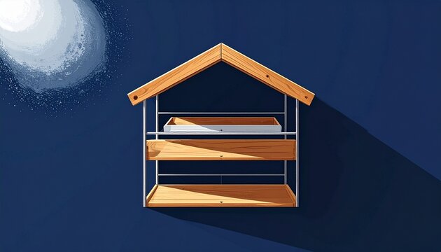 Minimalist wooden house icon with moon background.