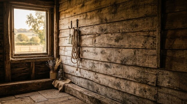 Rustic Wooden Interior with Window and Hanging Ropes.