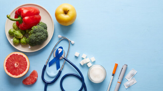 Flat lay composition with healthy food, stethoscope, blue ribbon symbol, and diabetes care supplies on a blue background.