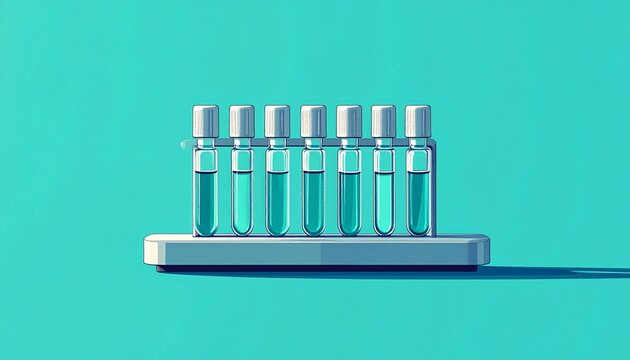 Laboratory test tubes in a rack on teal background.
