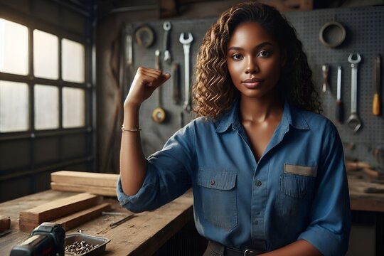 Portrait of a Beautiful, Pretty, Young Mechanical Engineer or Female Technician Woman Worker in Blue Button-Down Work Shirt Flexing Her Bicep in Metal Workshop Setting. We Can Do It. Machine Operator