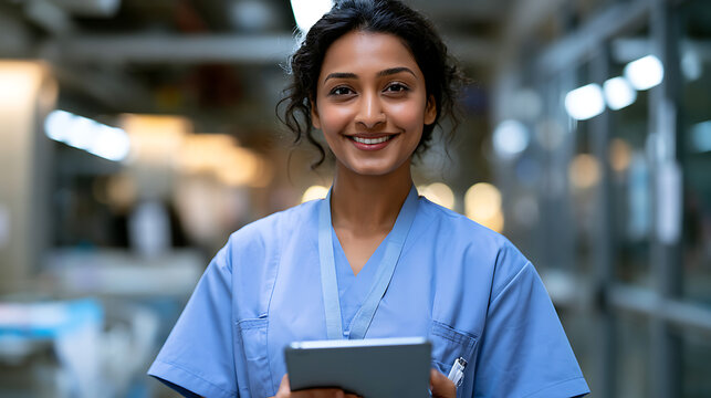 confident smiling female nurse wearing blue medical scrubs representing a professional healthcare worker and caregiver in a hospital showing nursing medicine and compassionate patient care