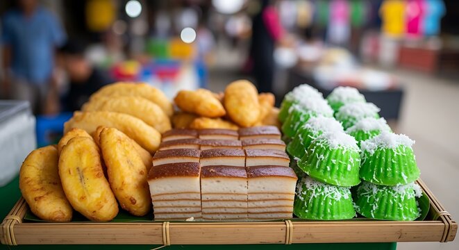 Assorted traditional Asian snacks and sweet layered cakes displayed on a wooden tray at a busy street food market stall offer a delicious variety of local pastries for hungry customers to enjoy