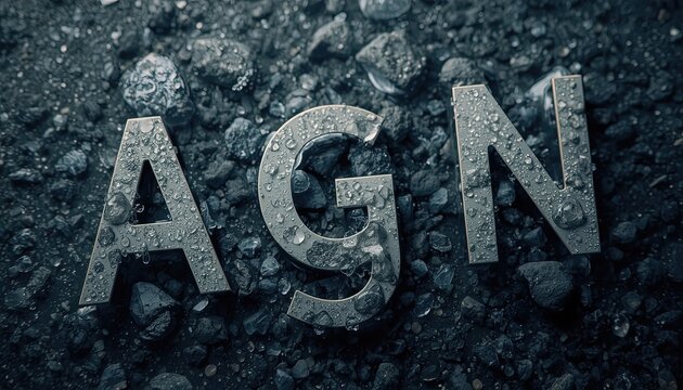 Metallic 3D letters AGN covered in water droplets resting on dark wet stone gravel background