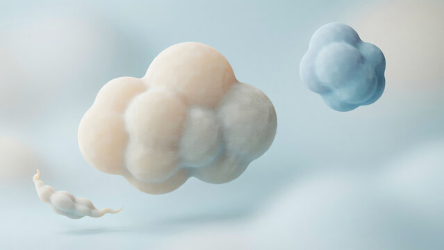 Soft Fluffy 3D Cloud Renderings Floating in a Dreamy Pastel Sky Environment for Minimalist Background Design Projects