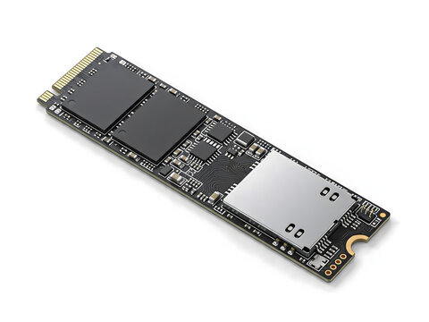M.2 NVMe SSD storage drive close-up on white background, computer hardware component product shot