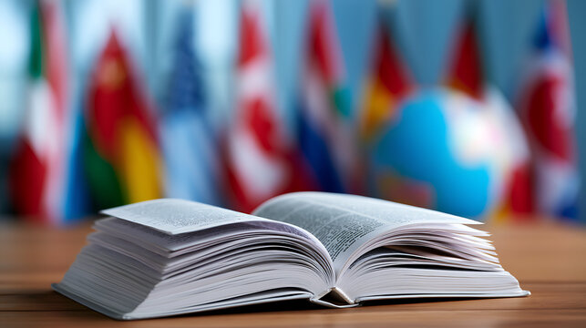open book with blurred international flags in the background symbolizing global education diplomacy and cultural exchange concept