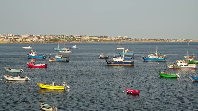 Colorful fishing boats anchored in Cascais Bay Portugal